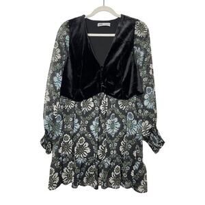 Velvet Vested Floral Babydoll Dress Womens Size S Long Sleeve Whimsical Goth